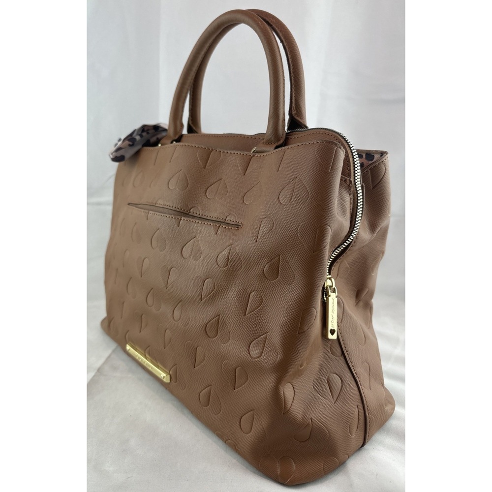 Betsey Johnson Heart Embossed Brown Triple Compartment Large Satchel Purse Tote - Picture 2 of 16
